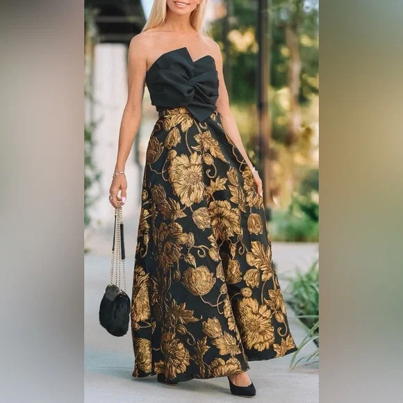Gold metallic floral jacquard maxi skirt. Evening. Formal. A-silhouette, Lined 6 - Picture 1 of 12
